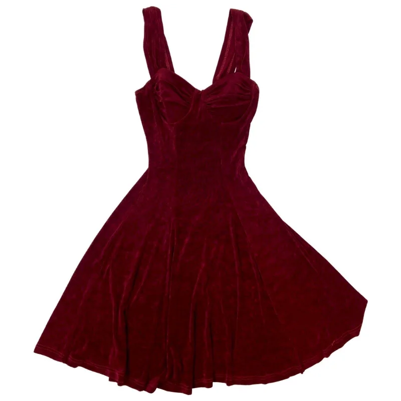 Vintage 90s Red Velvet Bodycon Skater Party Dress 6 XS Off-the-shoulder Chic Trendy