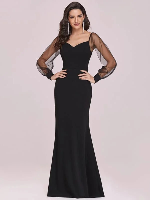 Black Prom Dress Mermaid V-Neck Satin Fabric Long Sleeves Backless Tulle Satin Fabric Party Dresses Shift Classic Vintage