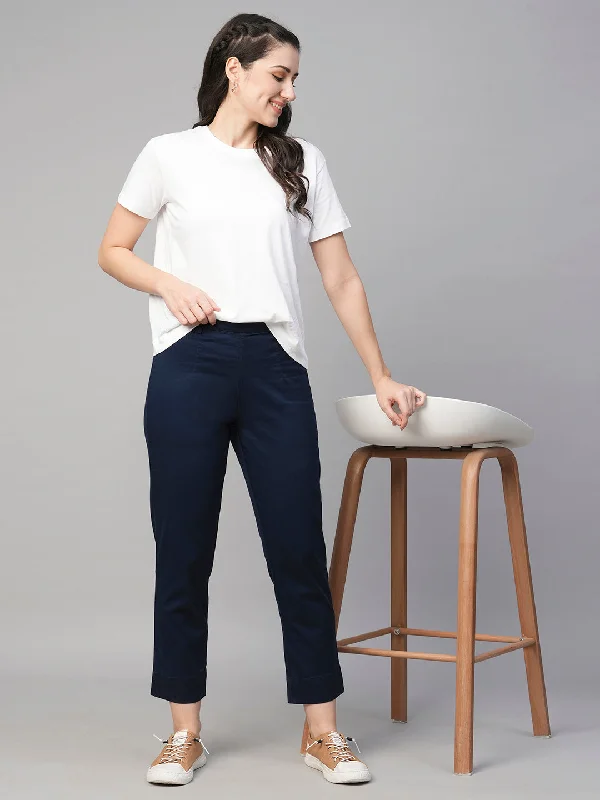 Women's Navy Cotton Elastane Regular Fit Pant Chic Faux Leather Pants