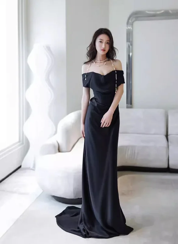 Black Off Shoulder Soft Satin Floor Length Party Dresses, Black Satin Evening Dresses Tunics Stylish modern