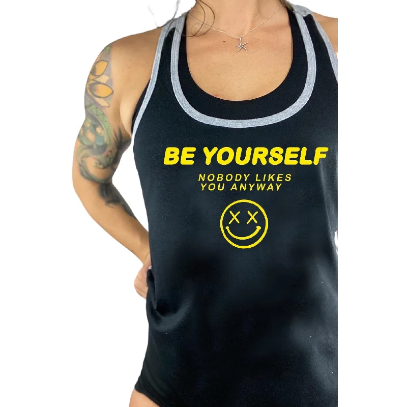 Salty Savage Ladies “BE YOURSELF, NOBODY LIKES YOU ANYWAY” Two Tone Racerback Tank | Black/Gray/Yellow modal blend tank