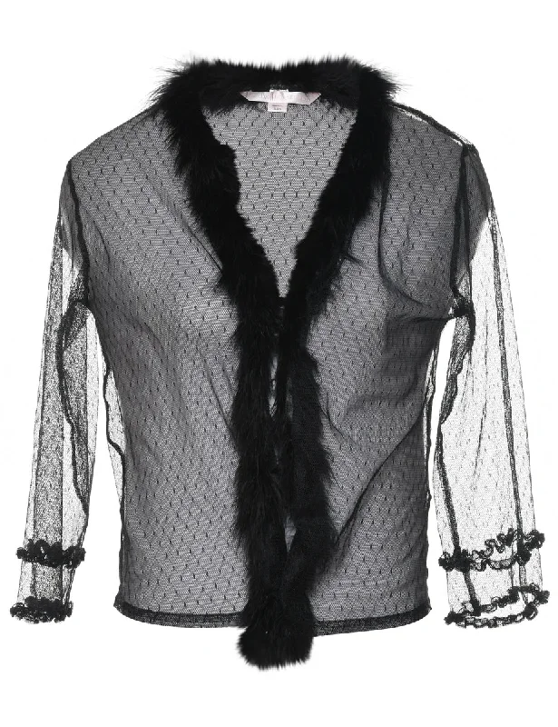 Black Sheer Lace Faux Fur Trim 1990s Jacket - S Anorak Shell Jacket Lightweight Jacket