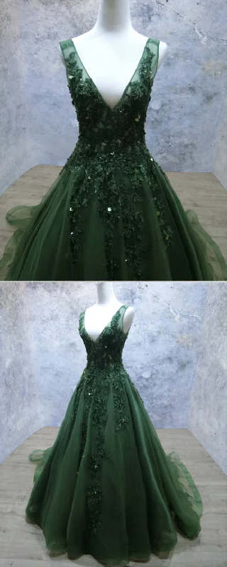 Green Beaded and Lace V-neckline Low Back Long Party Dresses, Green Evening Dresses Party Dresses Tunics Stylish modern