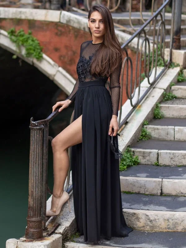 Black Evening Dress A-Line Jewel Neck Long Sleeve Lace Floor-Length Applique Formal Party Dresses Pageant Dress Tunics Lace romantic