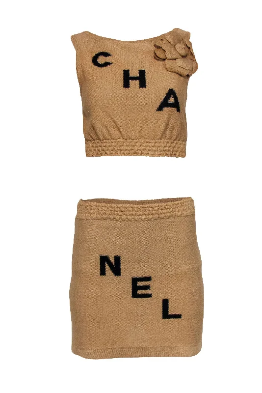 Chanel - Tan Knit Chanel Logo Tank & Skirt Set w/ Rosette Sz 4 halter tank top