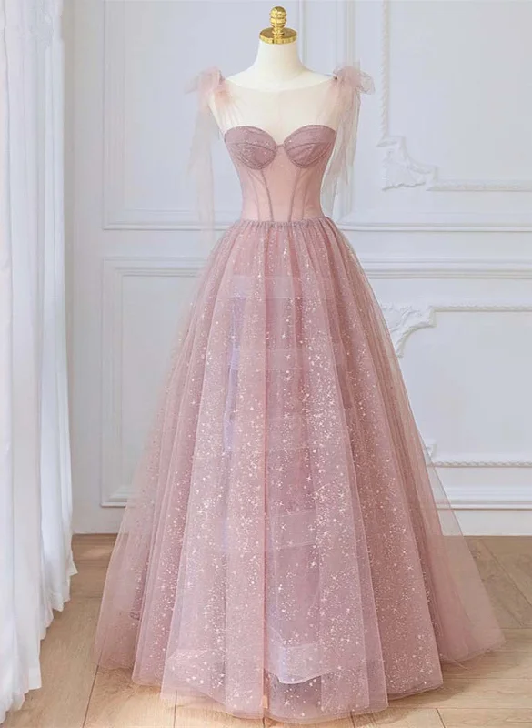 Pink Tulle Round Neckline A-line Party Dresses, Pink Floor Length Evening Dresses Tunics Fall fleece