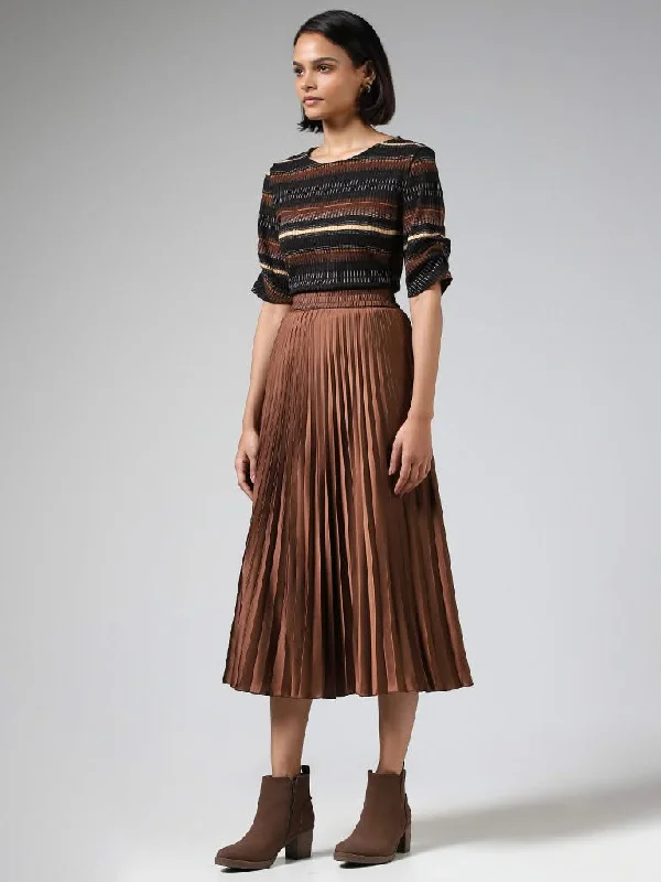 Wardrobe Brown Pleated Midi Skirt linen skirt natural