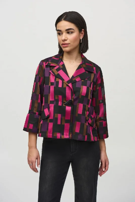 Joseph Ribkoff Black/Multi Geometric Print Organza Swing Jacket 244166 Belted Jacket Elasticated Jacket Padded Jacket
