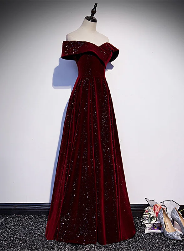 Off Shoulder Wine Red Velvet Long Party Dress, A-line Wine Red Evening Dress Tunics Custom made