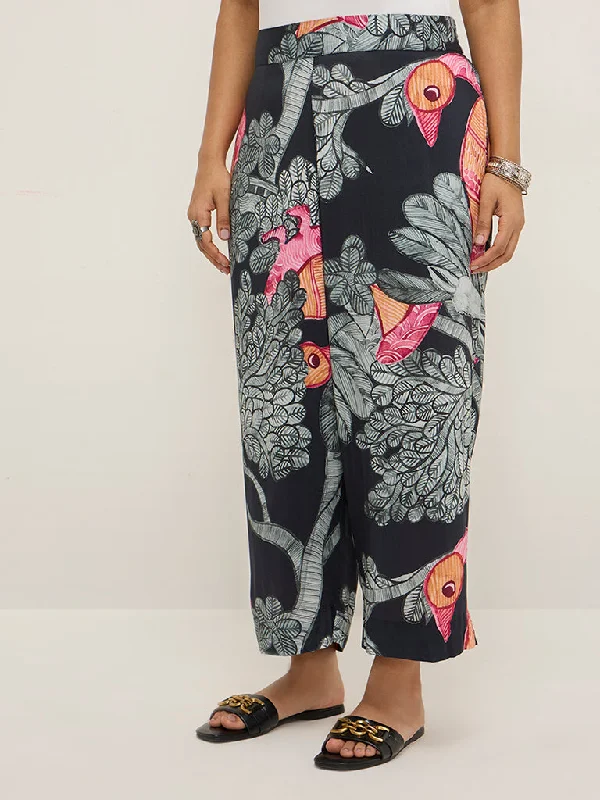 Diza Black Gond Printed Ethnic Pants Formal Linen Trousers
