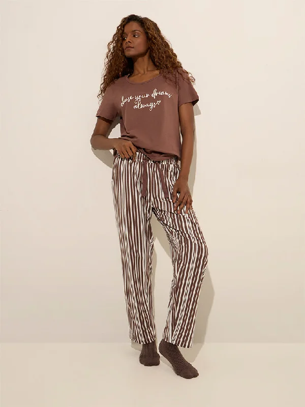 Wunderlove Brown Striped High-Rise Cotton Lounge Pants Casual Yoga Pants