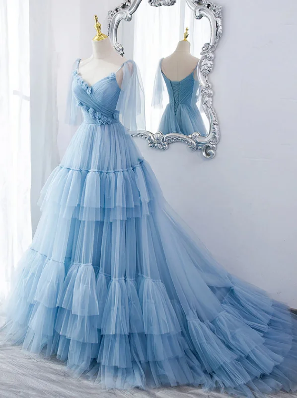 Lovely Light Blue Tulle with Straps Layers Long Formal Dresses, Blue Evening Gown Party Dresses Tunics Sophisticated sleek
