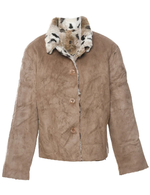 Brown Suede & Animal Design Shearling Lined Jacket - L Rayon Fabric Velvet Fabric Corduroy Fabric