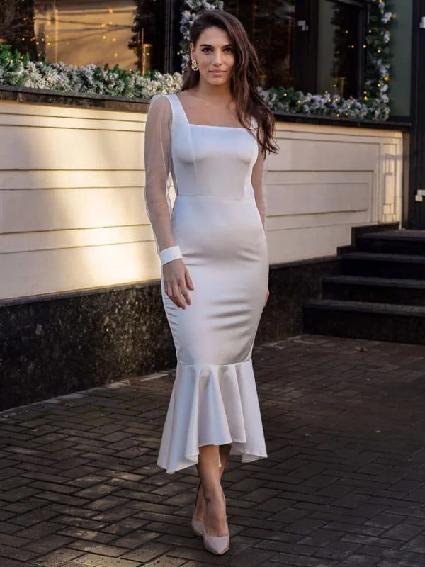 Evening Dress Sheath Square Neck Tea-Length Long Sleeves Zipper Ruffles Polyester White Formal Party Dresses Glittery Long Formal
