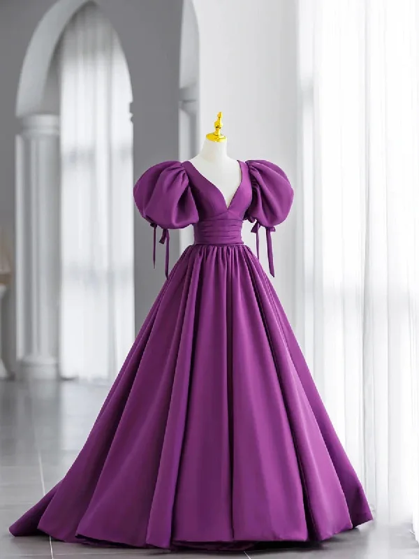 Purple Satin Puffy Sleeves Long Party Dresses, Dark Purple Evening Dresses Tunics Timeless classic