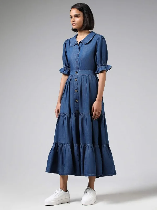 LOV Mid Blue Cotton Buttoned-Down Tiered Skirt wool skirt breathable