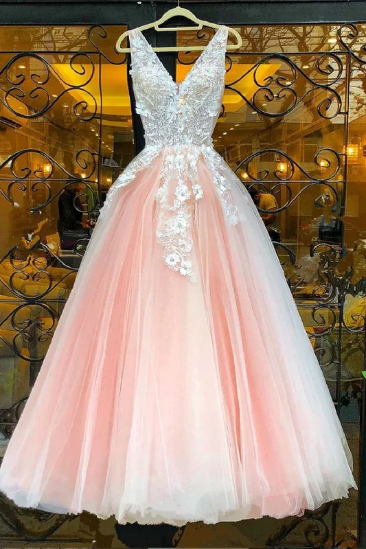 A Line V Neck Pink Lace Appliques Long Prom Dresses, Pink Lace Formal Evening Dresses, Pink Party Dresses Tunics New arrival