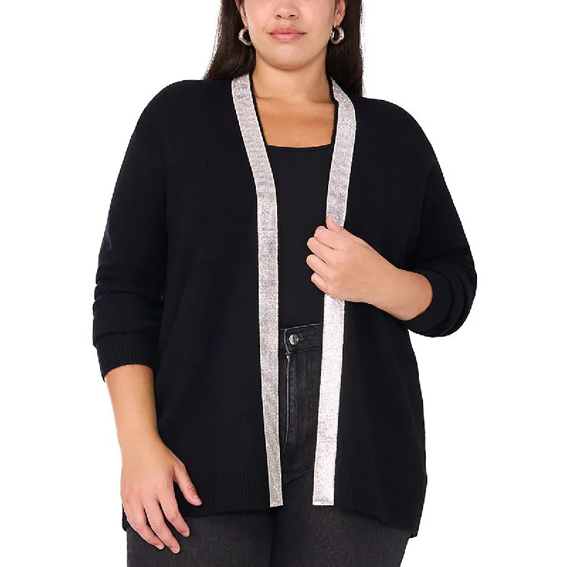 Vince Camuto Womens Plus Cozy Season Ribbed Open Front Cardigan Sweater Notch Collar Peter Pan Collar Cowl Neck