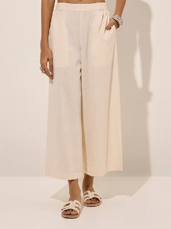 Utsa Ivory Solid Cotton Pants Lightweight Jogger Pants