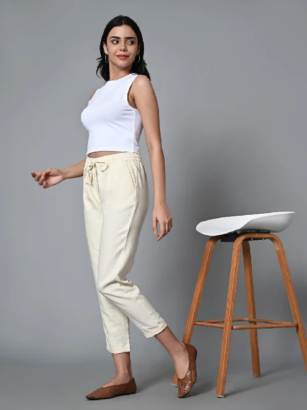 Women's Offwhite Linen Regular Fit Pant Relaxed High-Waist Trousers