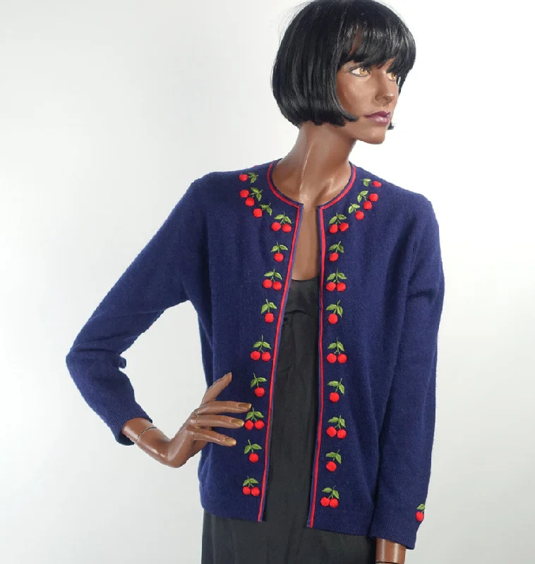 Women's 50s Cherries Cardigan Sweater Vintage Dark Blue Small to Medium VFG Faux Fur Fabric Real Fur Fabric Shearling Fabric