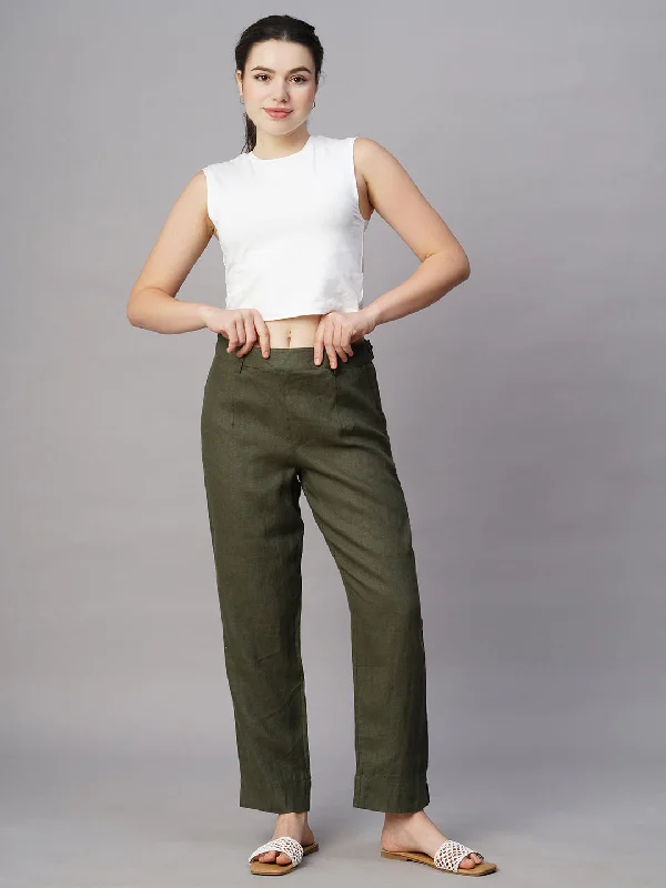Women's Olive Linen Regular Fit Pant Slim Fit Casual Pants