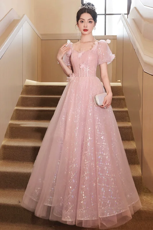 Pink Tulle Flowers Floor Length Prom Dresses, Beautiful A-Line Evening Party Dresses Tunics Practical durable