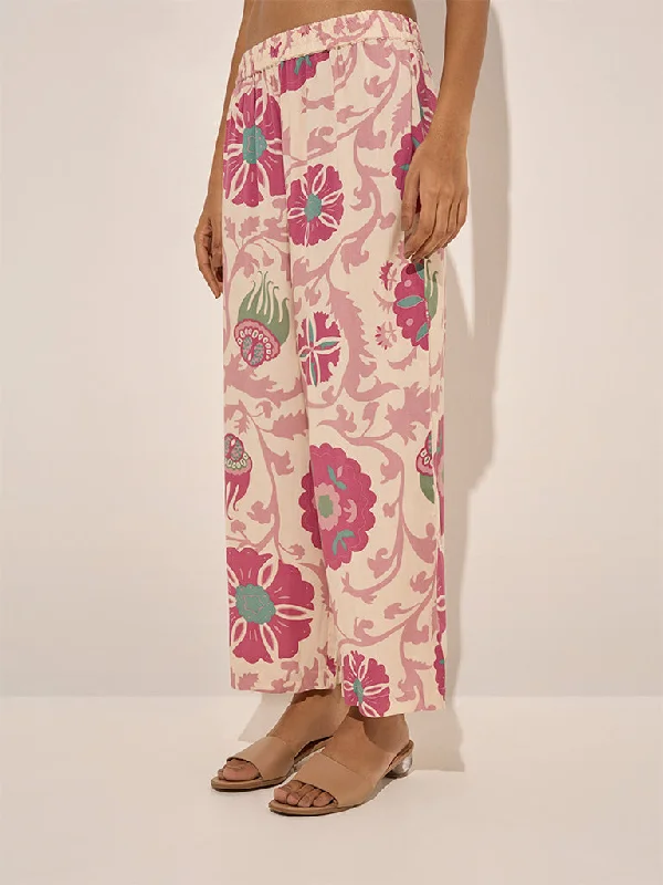 Utsa Pink Floral Printed Cotton Ethnic Pants Elegant Silk Pants