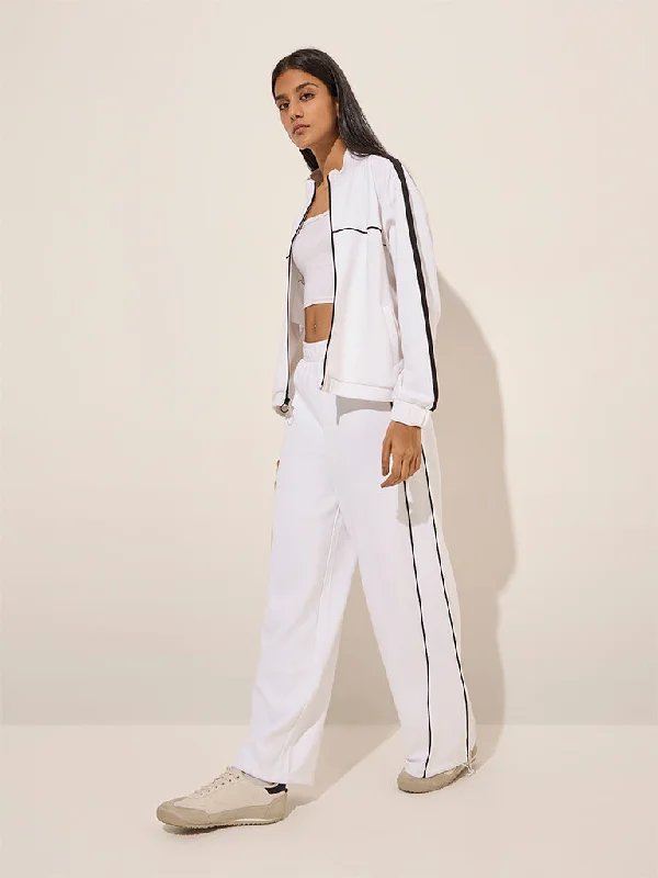 LOV White Contrast-Detailed Mid-Rise Track Pants Formal Wide-Leg Pants