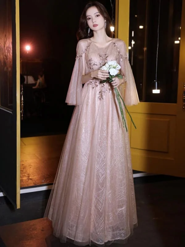 Apricot Evening Dress A-Line Jewel Neck Lace 3/4-Length Sleeves Applique Floor Length Formal Party Dresses Tunics Sophisticated sleek
