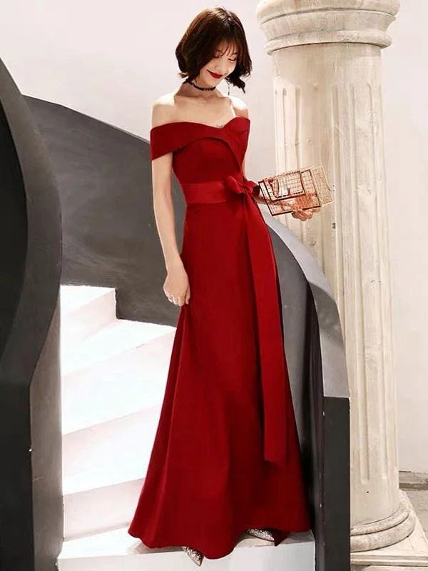 Red Evening Dress 2021 Off Shoulder Floor Length Satin Sash Social Prom Party Dresses Tunics Velvet soft