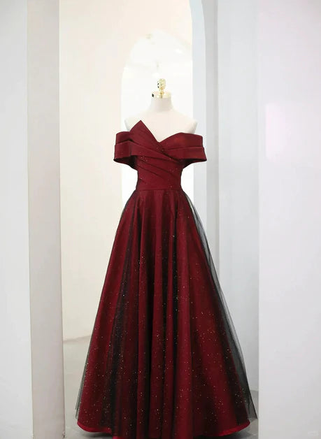 Elegant A-line off shoulder wine red sheer long party dress, wine red and black backless prom dress Tunics Canvas sturdy