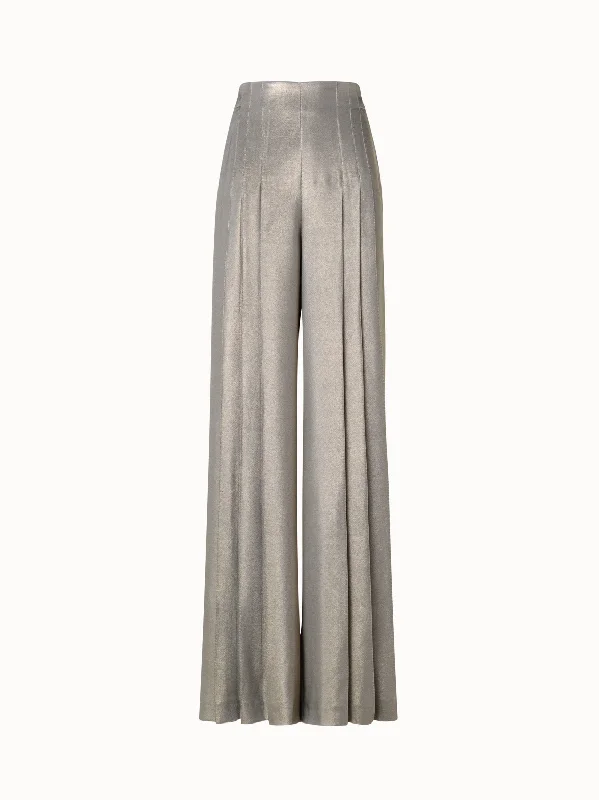 Wide Leg Silk Lurex Pants with Front Pleats Classic Chino Pants
