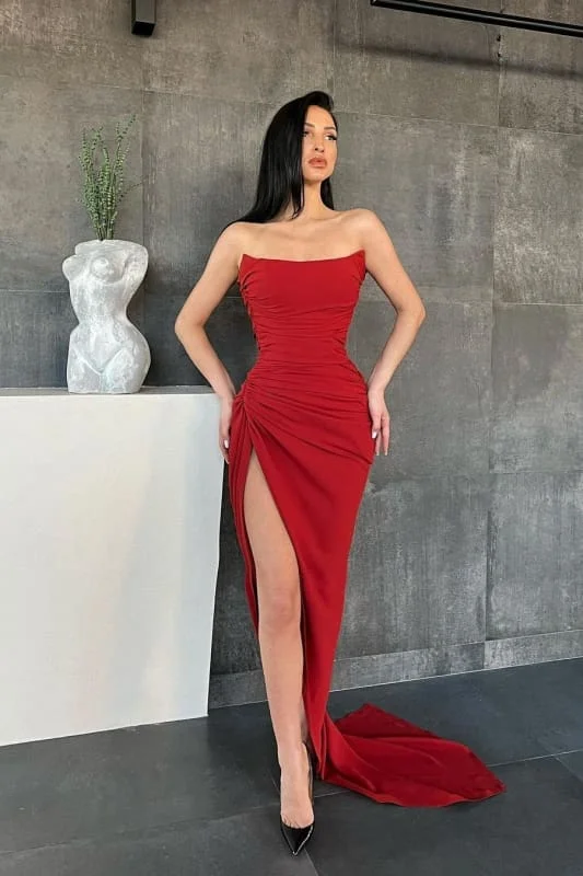 Unique Sweetheart Mermaid Red Prom Dresses with High Split Sleeveless Party Dress Crew Neckline Casual