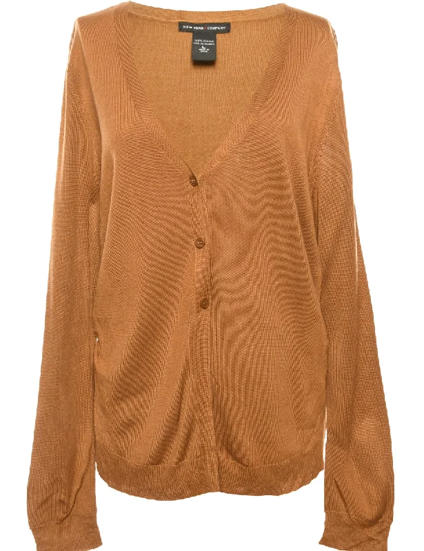 Button Front Brown Cardigan - L Zippered Buttoned Snapped