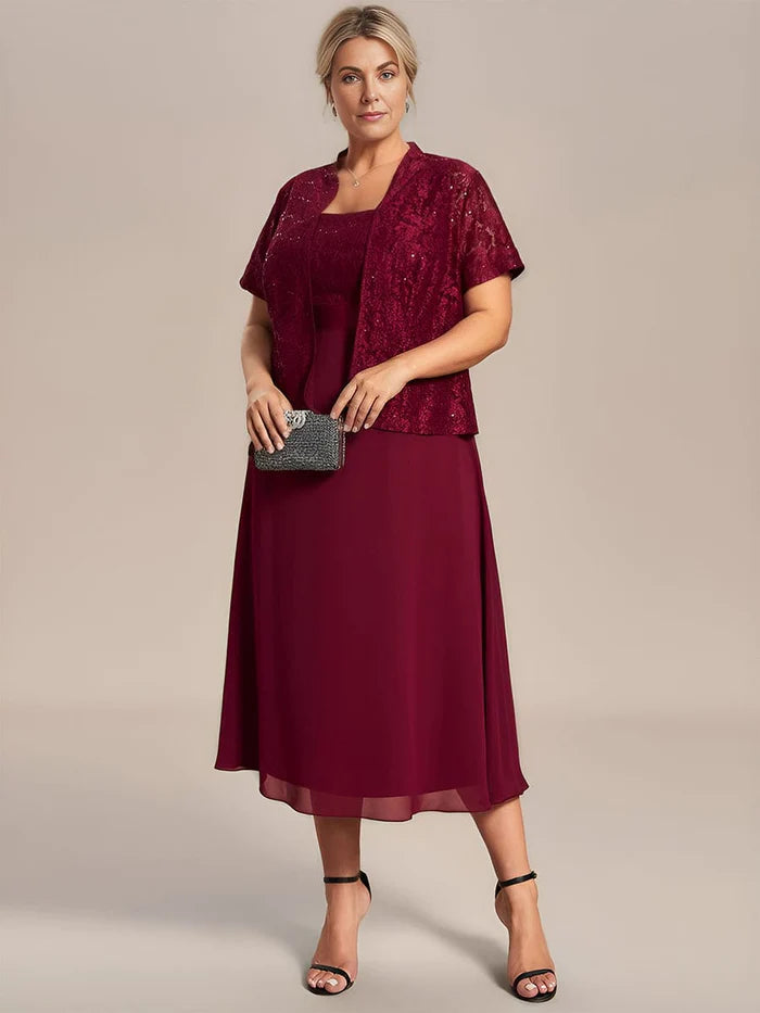 Plus Size Square Neckline A-Line Chiffon Mother of the Bride Dress with Lace Cardigan Terry Blend Velvet Blend Canvas Blend