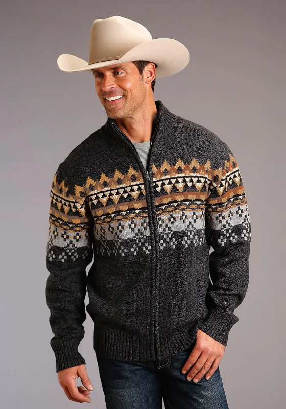 Stetson Mens Grey Multi Cotton/Wool Aztec Pattern Cardigan Satin Blend Silk Blend Wool Blend