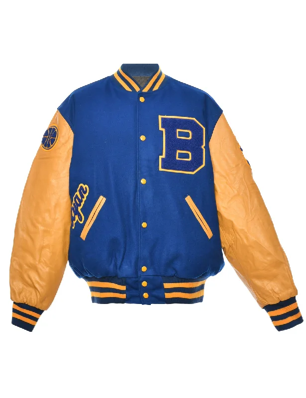 Blue & Yellow Applique Design Varsity Jacket - L Denim Fabric Leather Fabric Suede Fabric