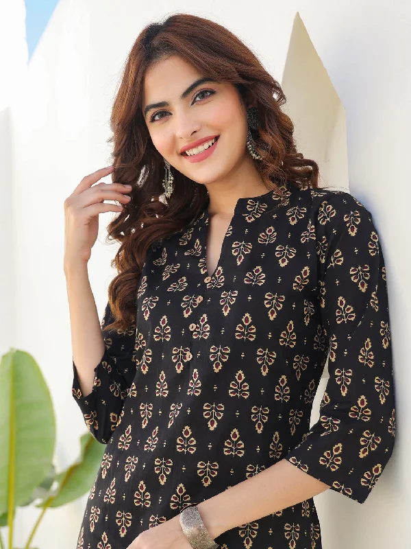 Black Pure Cotton Floral Printed Straight Kurta Pant Set Modern Skinny Pants