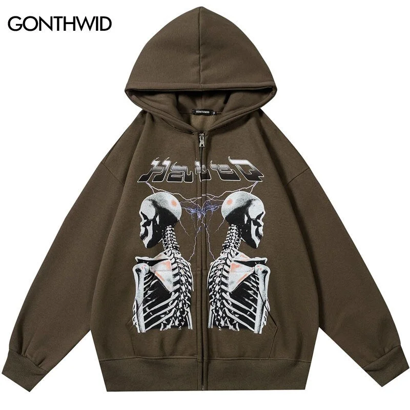 Vintage Fleece Hoodie Sweatshirt Jacket Streetwear Hip Hop Skull Skeleton Print Zipper Hooded Coat Harajuku Casual Punk Gothic Cotton Fabric Linen Fabric Terry Fabric