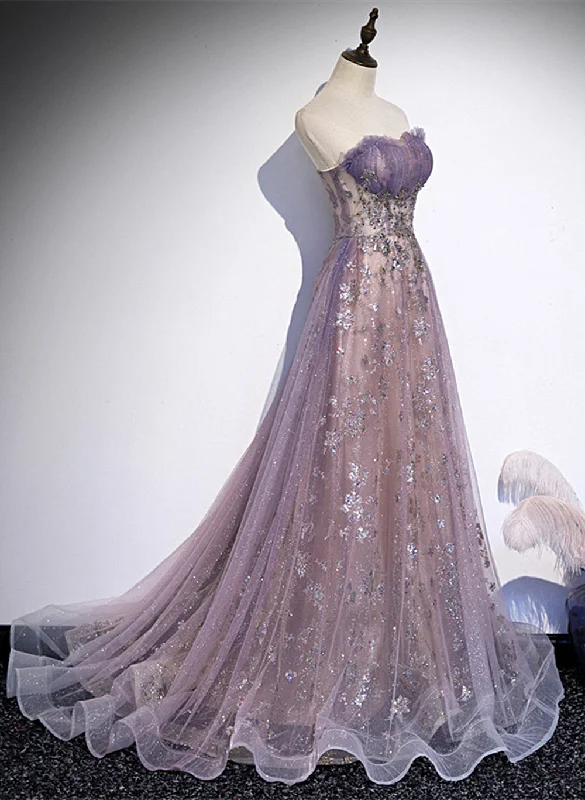 Light Purple Tulle with Lace A-line Floor Length Party Dresses, Light Purple Evening Dresses Tunics Designer luxury