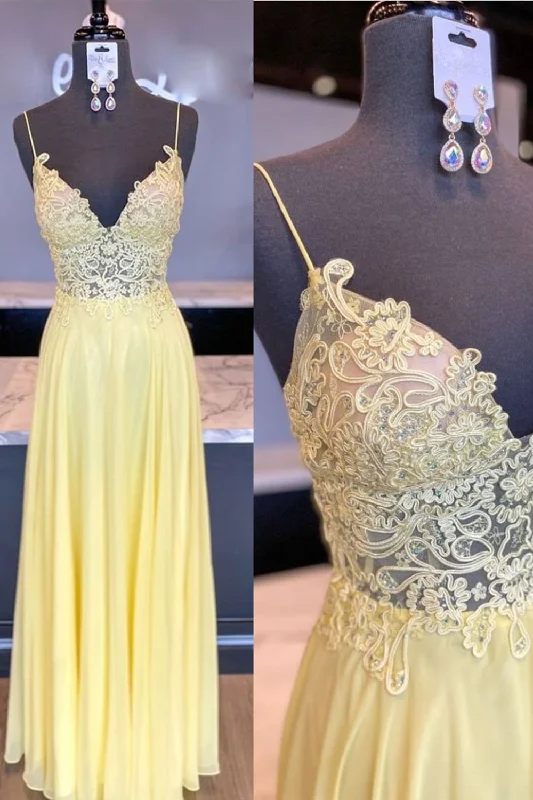 A Line V Neck Yellow Lace Long Prom Dresses, Yellow Lace Formal Dresses, Yellow Party Dresses Tunics Recommended stylist