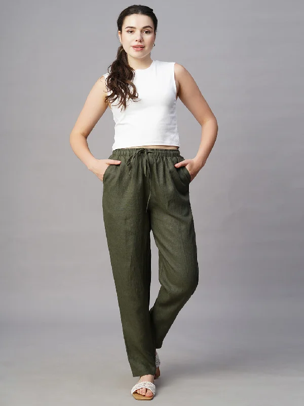 Women's Olive Linen Regular Fit Pant Cozy Jogger Leggings