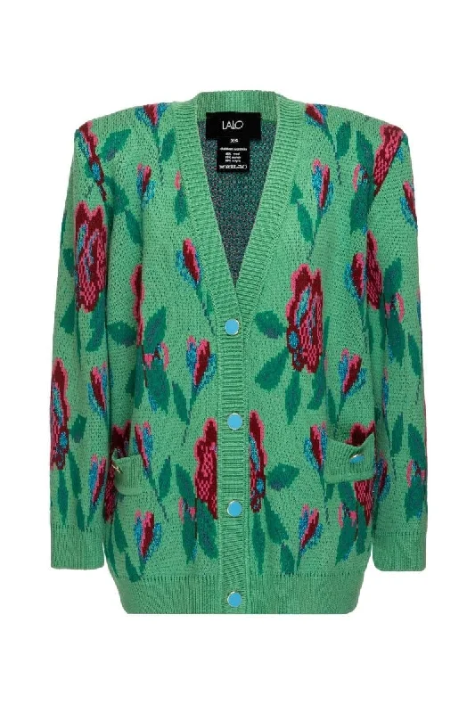 GREEN FLORAL DETAIL WOOL AND MOHAIR-BLEND CARDIGAN Spandex Blend Rayon Blend Denim Blend
