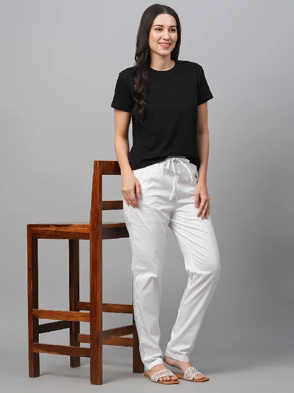 Women's White Cotton Lycra Regular Fit Pant Fashionable Tapered Leg Pants