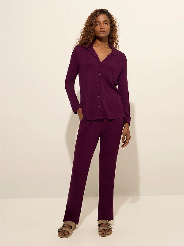 Wunderlove Purple Ribbed High-Rise Lounge Pants Soft Stretch Leggings