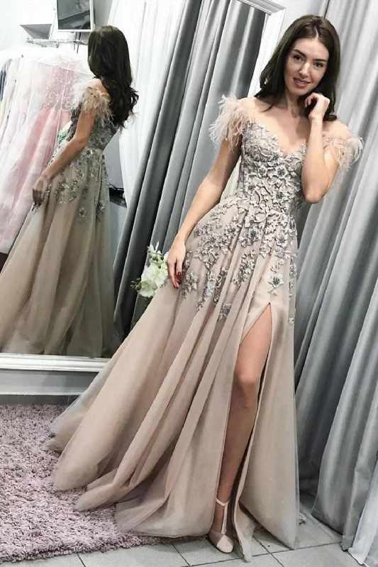Off Shoulder Lace Champagne Long Prom Dresses with High Slit, Off Shoulder Champagne Formal Dresses, Champagne Party Dresses Tunics Favorite customer