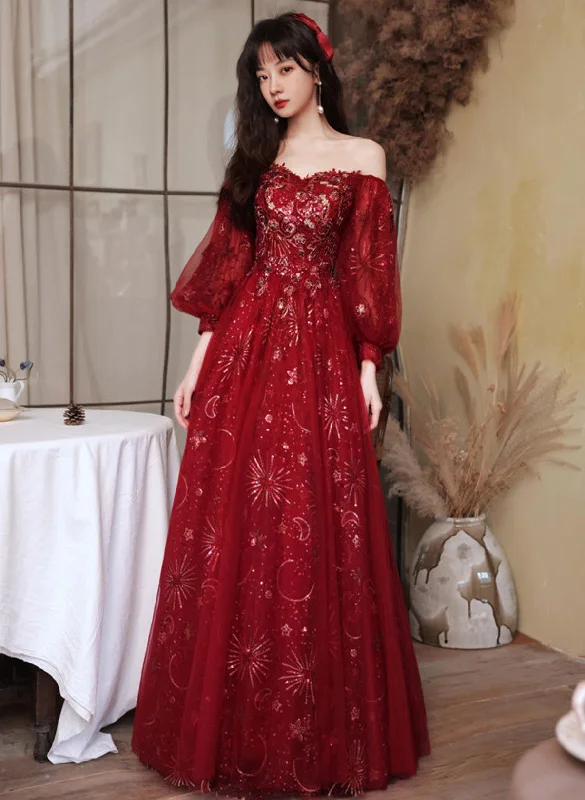 Wine Red Tulle Sweetheart Off Shoulder Party Dresses, Wine Red Tulle Evening Dresses Tunics Top rated