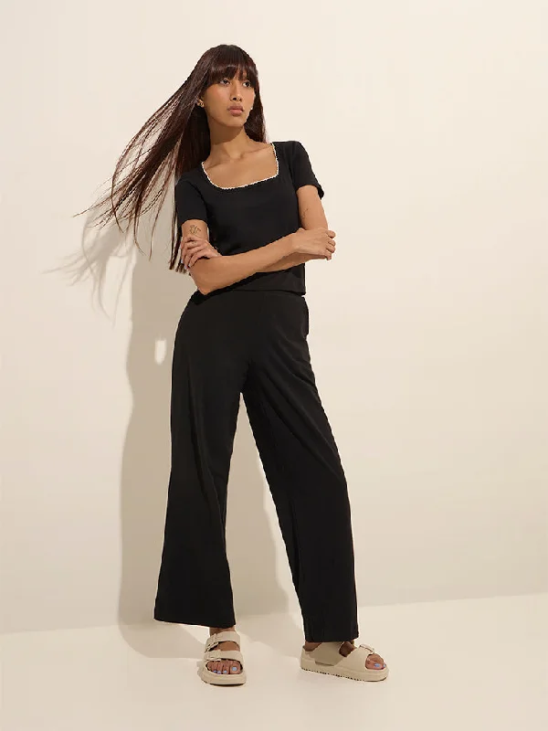 Superstar Black High-Rise Cotton-Blend Pants Soft Stretch Trousers