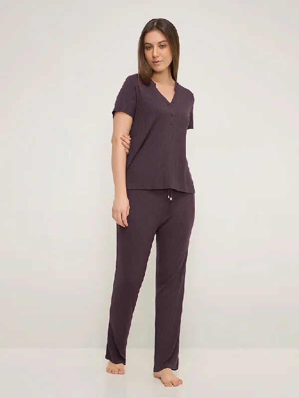 Wunderlove Purple Ribbed Modal High-Rise Lounge Pants High-Waist Yoga Pants
